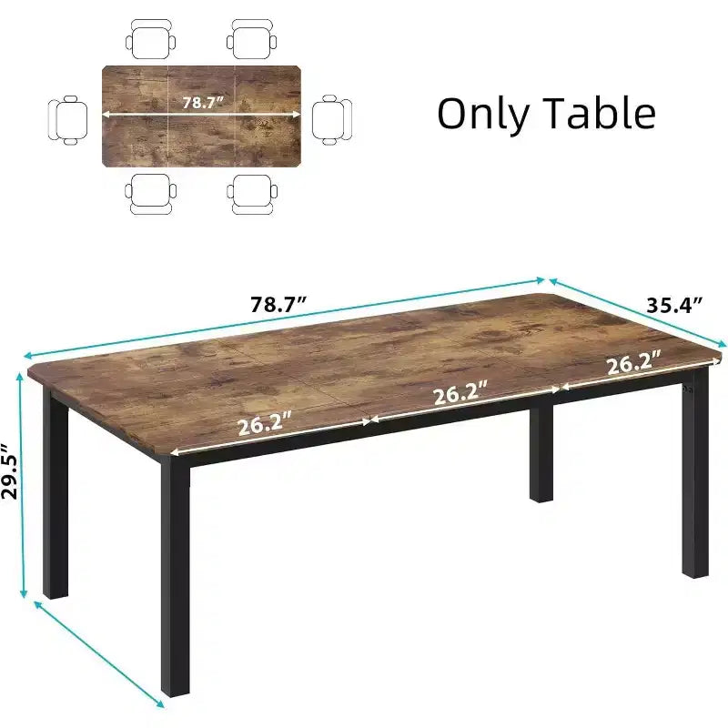 Tavolo da pranzo in legno industriale per 6-8 persone, nero/grigio/color retrò, rettangolare 78"