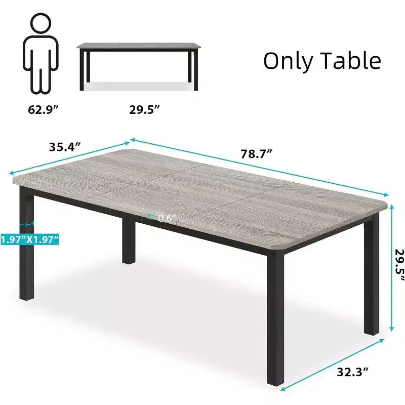 Tavolo da pranzo in legno industriale per 6-8 persone, nero/grigio/color retrò, rettangolare 78"