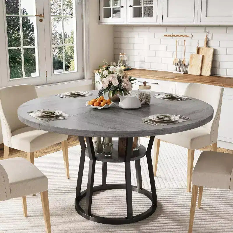 Tavolo da Pranzo Rotondo per 4-6, 120 cm, Base Contenitore — Nero / Grigio / Naturale / Legno+Nero