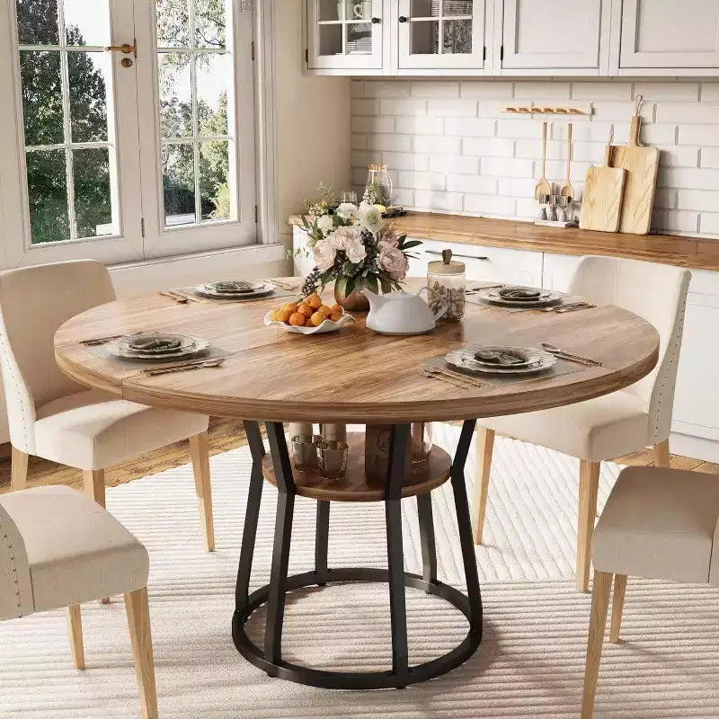 Tavolo da Pranzo Rotondo per 4-6, 120 cm, Base Contenitore — Nero / Grigio / Naturale / Legno+Nero