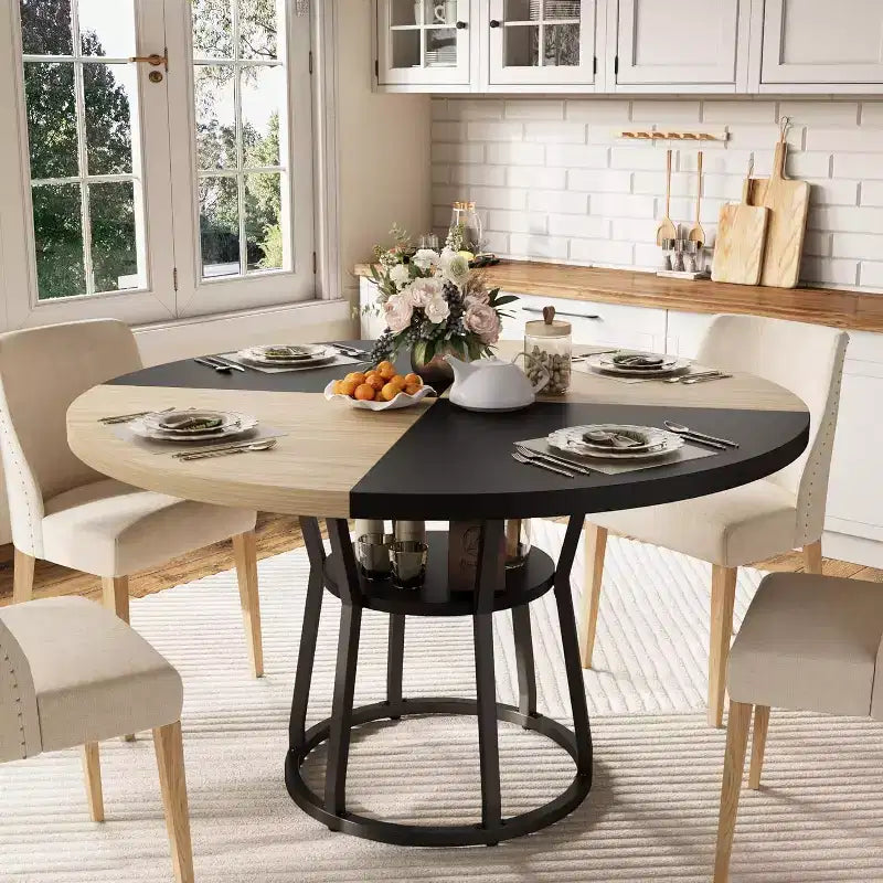 Tavolo da Pranzo Rotondo per 4-6, 120 cm, Base Contenitore — Nero / Grigio / Naturale / Legno+Nero