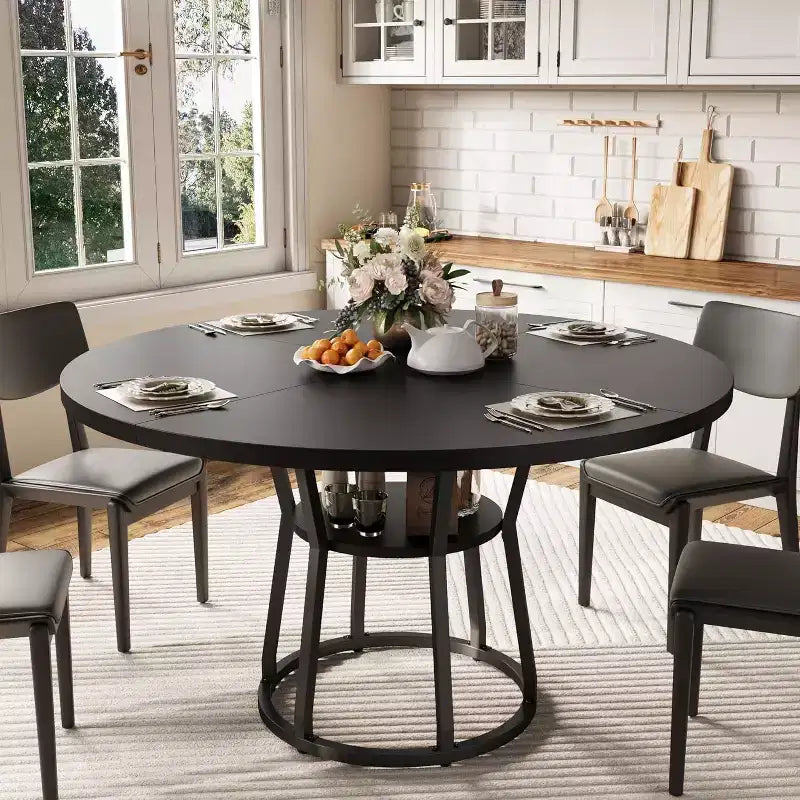 Tavolo da Pranzo Rotondo per 4-6, 120 cm, Base Contenitore — Nero / Grigio / Naturale / Legno+Nero