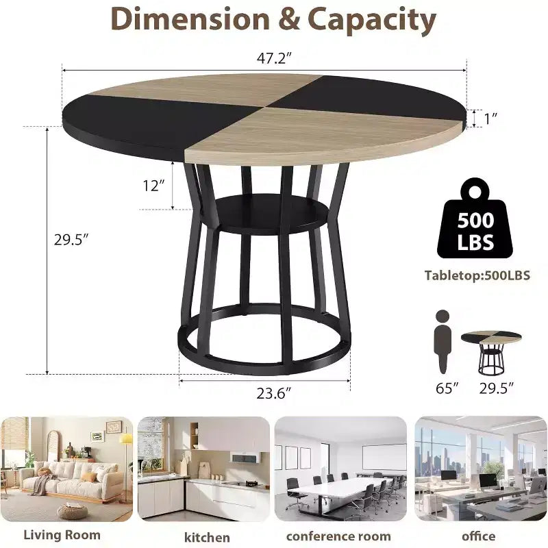 Tavolo da Pranzo Rotondo per 4-6, 120 cm, Base Contenitore — Nero / Grigio / Naturale / Legno+Nero