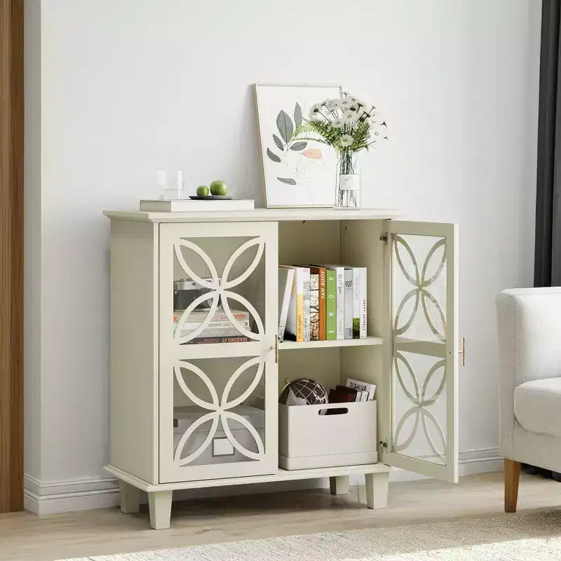 Credenza a 2 ante color crema con vetro temperato