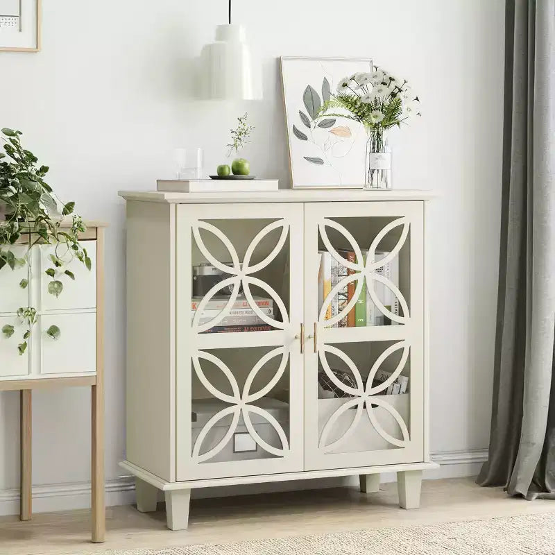 Credenza a 2 ante color crema con vetro temperato