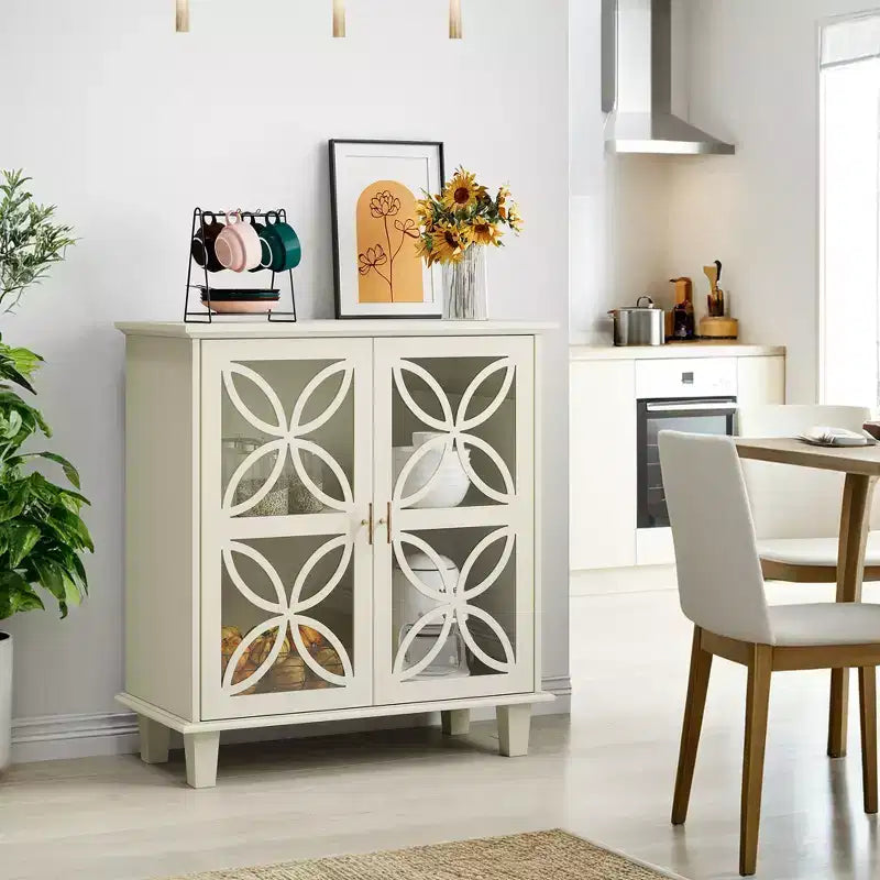 Credenza a 2 ante color crema con vetro temperato