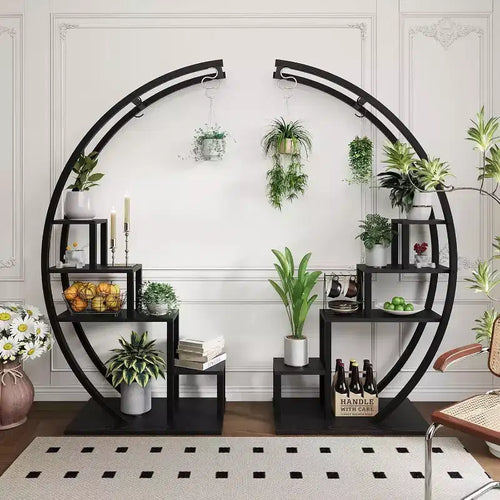 5-Tier Round Plant Stand, Half Moon Shape Indoor Metal Plant Holder, Flower Shelf Rack With 4 Hanging Hooks for Home Balcony Living Room Garden Decor