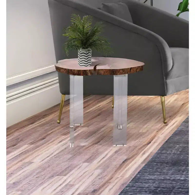 Tavolino laterale in acacia marrone con bordo naturale e gambe in acrilico trasparente - Pezzo unico