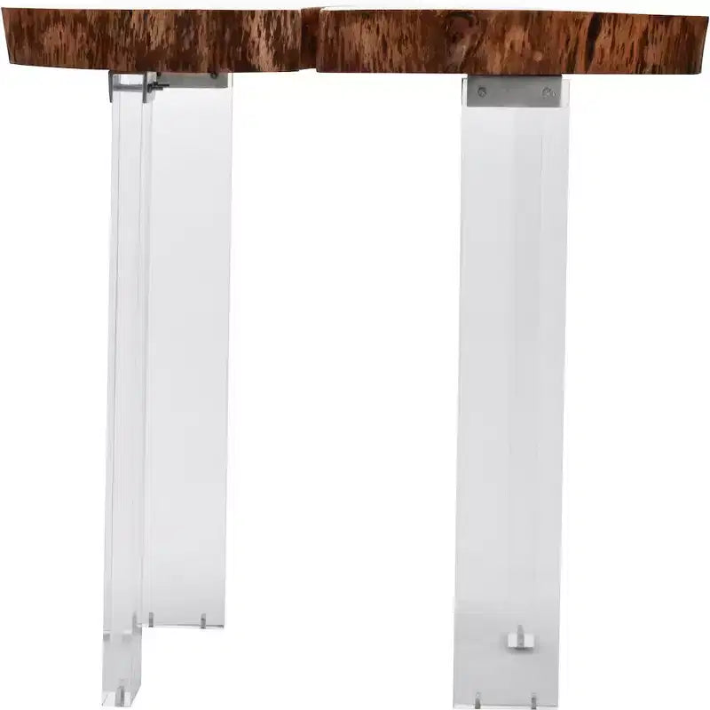 Tavolino laterale in acacia marrone con bordo naturale e gambe in acrilico trasparente - Pezzo unico