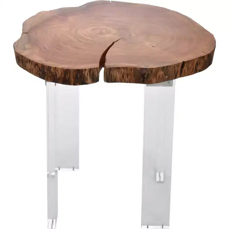 Tavolino laterale in acacia marrone con bordo naturale e gambe in acrilico trasparente - Pezzo unico