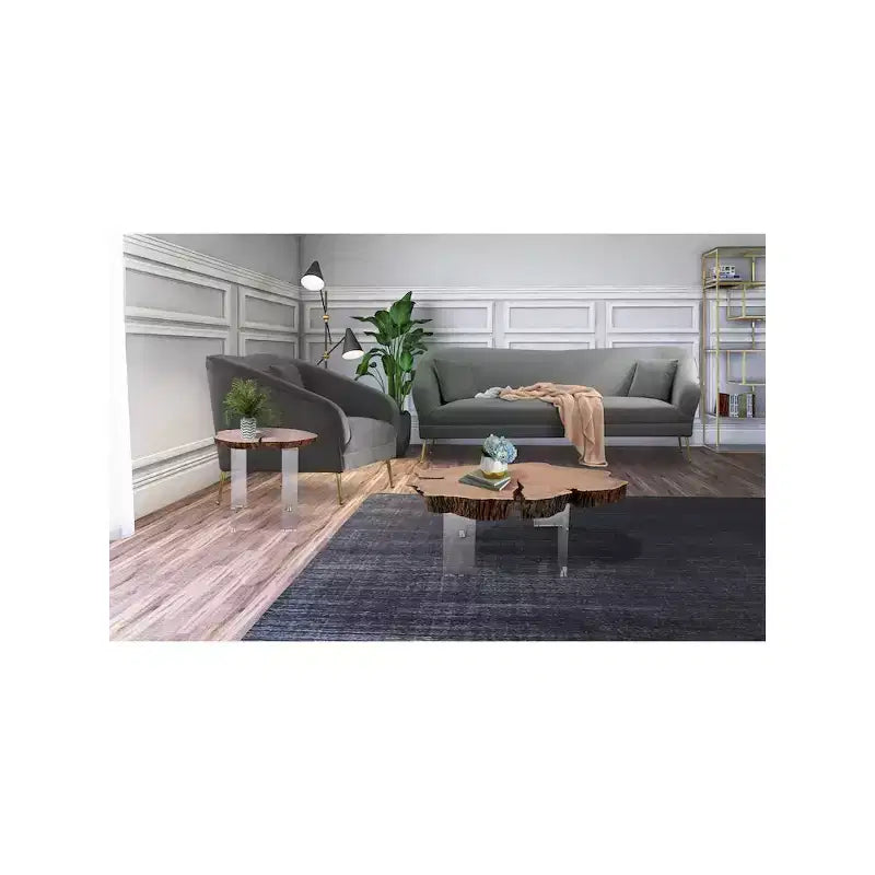 Tavolino laterale in acacia marrone con bordo naturale e gambe in acrilico trasparente - Pezzo unico