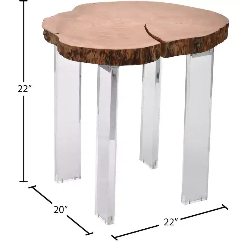 Tavolino laterale in acacia marrone con bordo naturale e gambe in acrilico trasparente - Pezzo unico