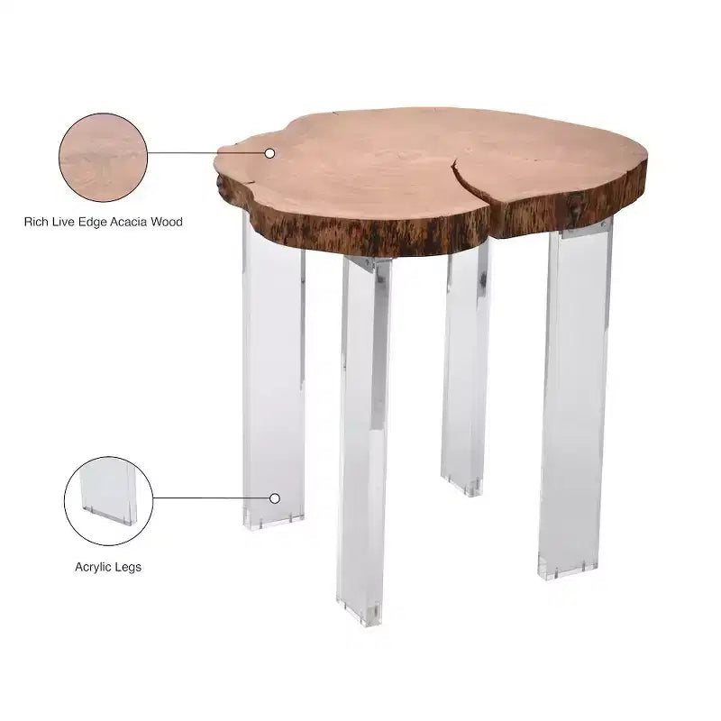 Tavolino laterale in acacia marrone con bordo naturale e gambe in acrilico trasparente - Pezzo unico