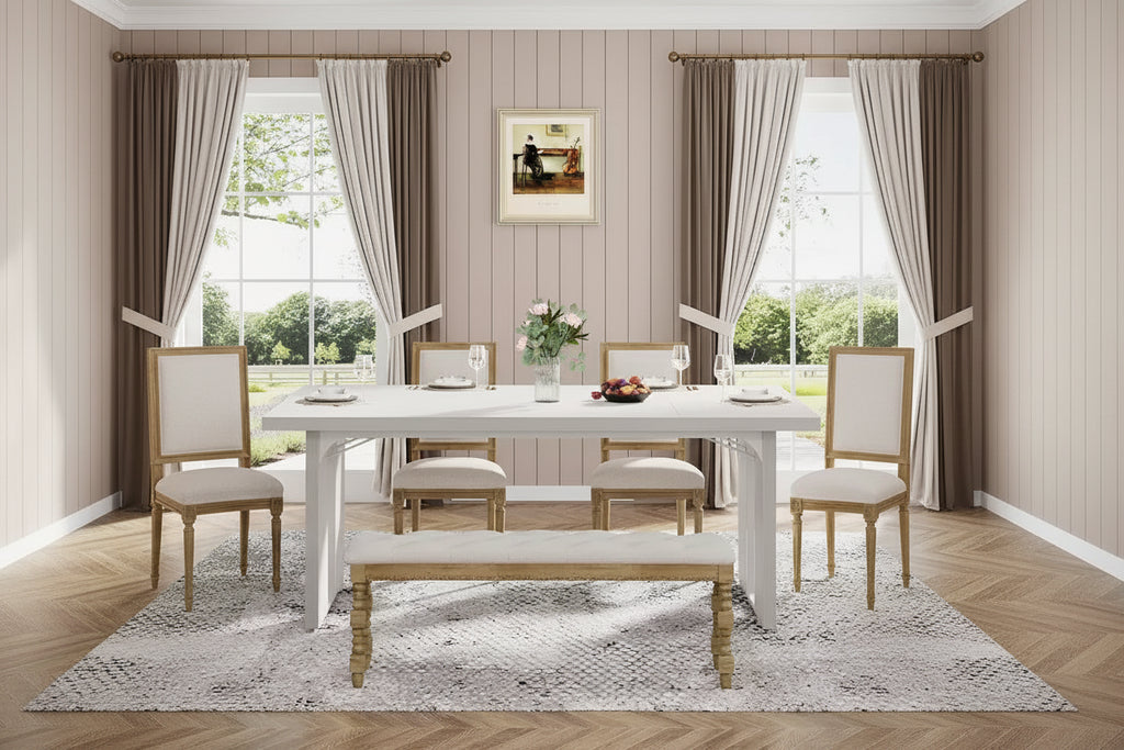 Tavolo da Pranzo Rettangolare in Legno Rustico per 6 Persone, Stile Industriale, Marrone / Grigio / Bianco