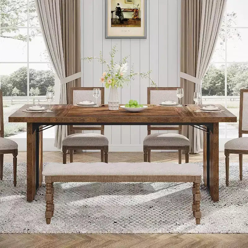 Tavolo da Pranzo Rettangolare in Legno Rustico per 6 Persone, Stile Industriale, Marrone / Grigio / Bianco