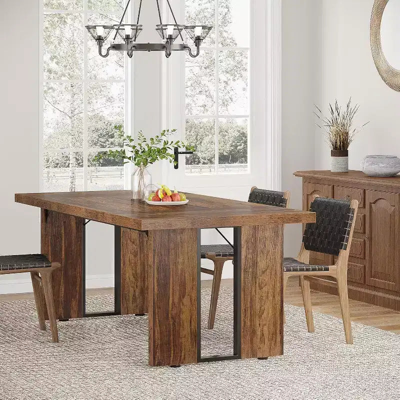 Tavolo da Pranzo Rettangolare in Legno Rustico per 6 Persone, Stile Industriale, Marrone / Grigio / Bianco