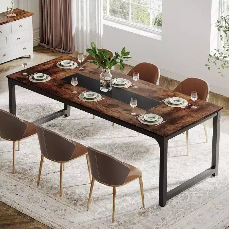 Tavolo da Pranzo Rettangolare in Legno Rustico per 6 Persone, Stile Industriale, Marrone / Grigio / Bianco