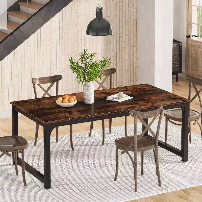 Tavolo da Pranzo Rettangolare in Legno Rustico per 6 Persone, Stile Industriale, Marrone / Grigio / Bianco