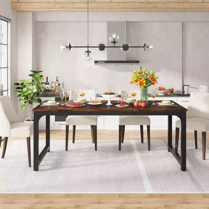 Tavolo da Pranzo Rettangolare in Legno Rustico per 6 Persone, Stile Industriale, Marrone / Grigio / Bianco