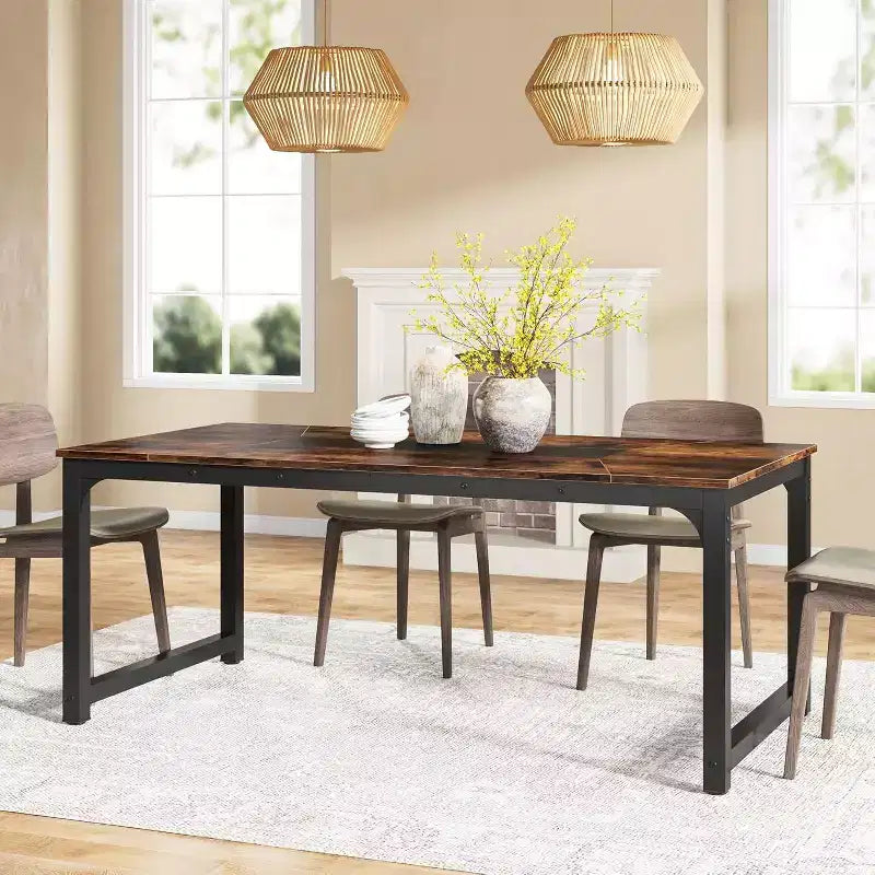 Tavolo da Pranzo Rettangolare in Legno Rustico per 6 Persone, Stile Industriale, Marrone / Grigio / Bianco