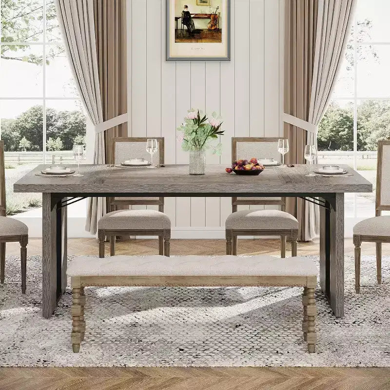 Tavolo da Pranzo Rettangolare in Legno Rustico per 6 Persone, Stile Industriale, Marrone / Grigio / Bianco