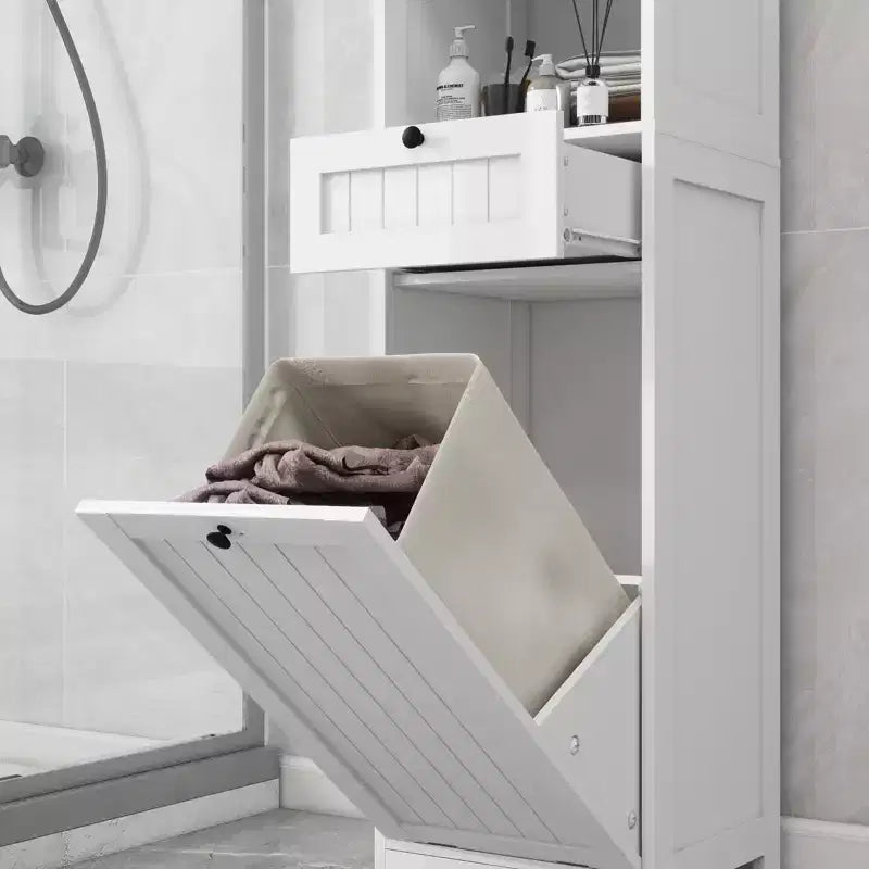 Mobiletto stretto a 2 cassetti con finitura in legno naturale