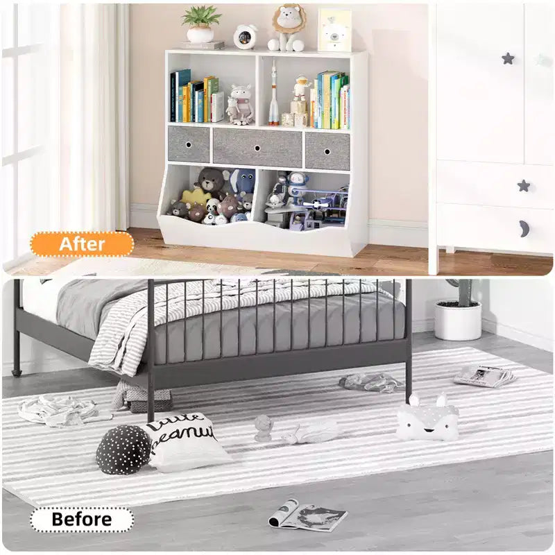 Libreria e armadietto portagiochi per bambini a 3 cassetti bianco e grigio, 1 bambino