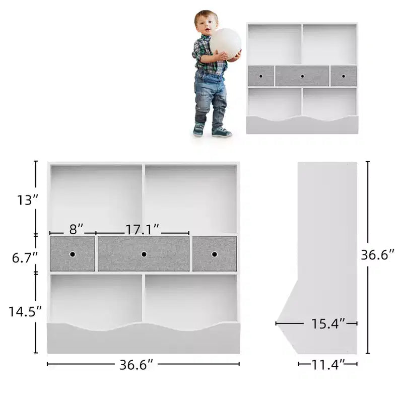 Libreria e armadietto portagiochi per bambini a 3 cassetti bianco e grigio, 1 bambino