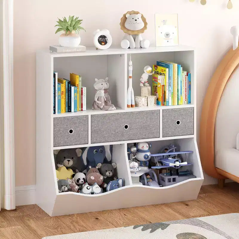 Libreria e armadietto portagiochi per bambini a 3 cassetti bianco e grigio, 1 bambino
