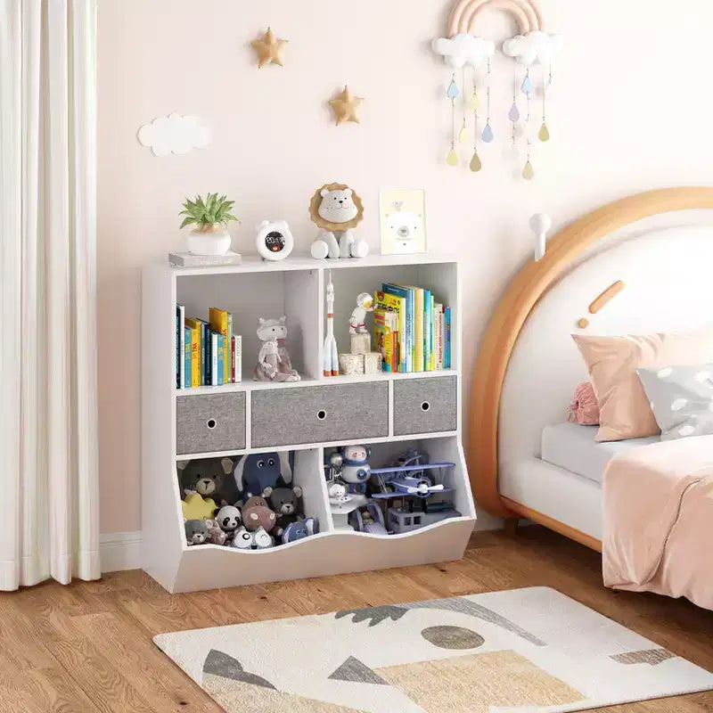 Libreria e armadietto portagiochi per bambini a 3 cassetti bianco e grigio, 1 bambino