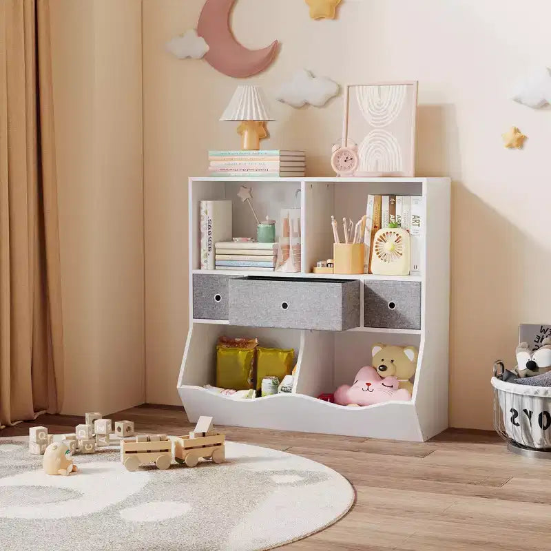 Libreria e armadietto portagiochi per bambini a 3 cassetti bianco e grigio, 1 bambino