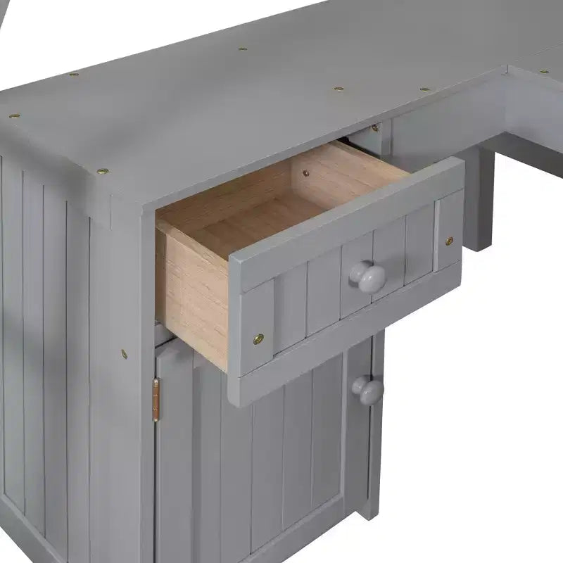 Letto a soppalco singolo grigio/bianco con scrivania, armadietto e mensole