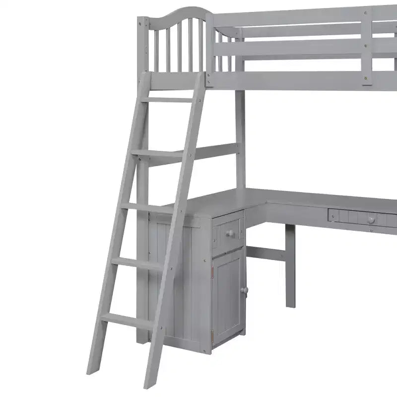 Letto a soppalco singolo grigio/bianco con scrivania, armadietto e mensole