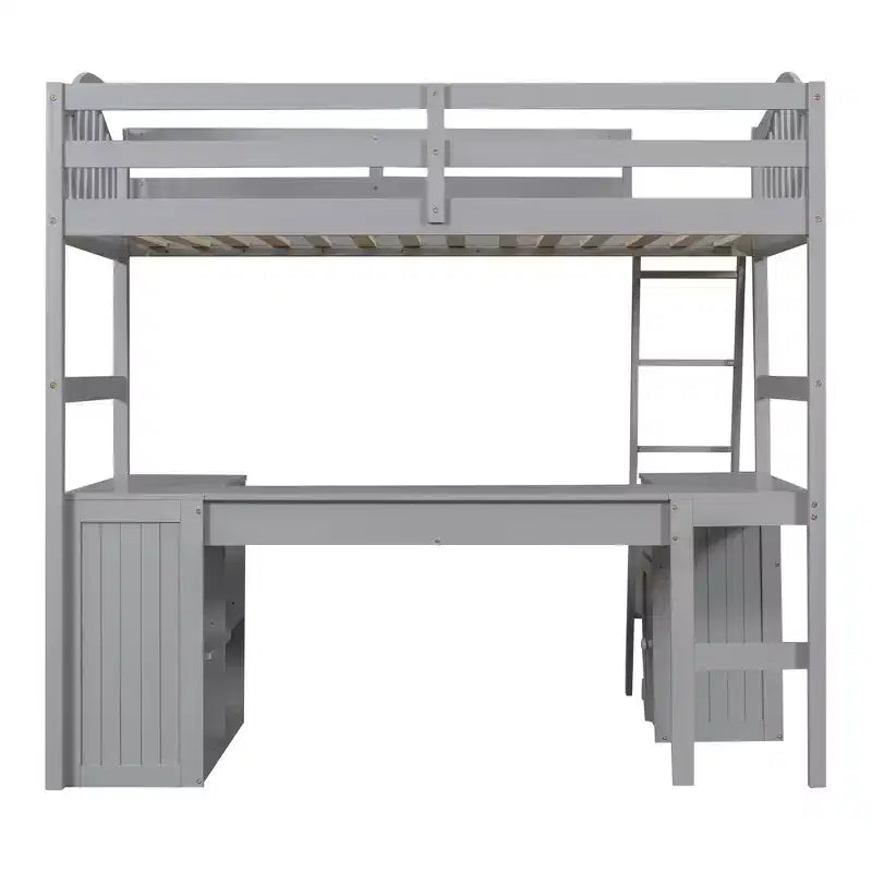 Letto a soppalco singolo grigio/bianco con scrivania, armadietto e mensole
