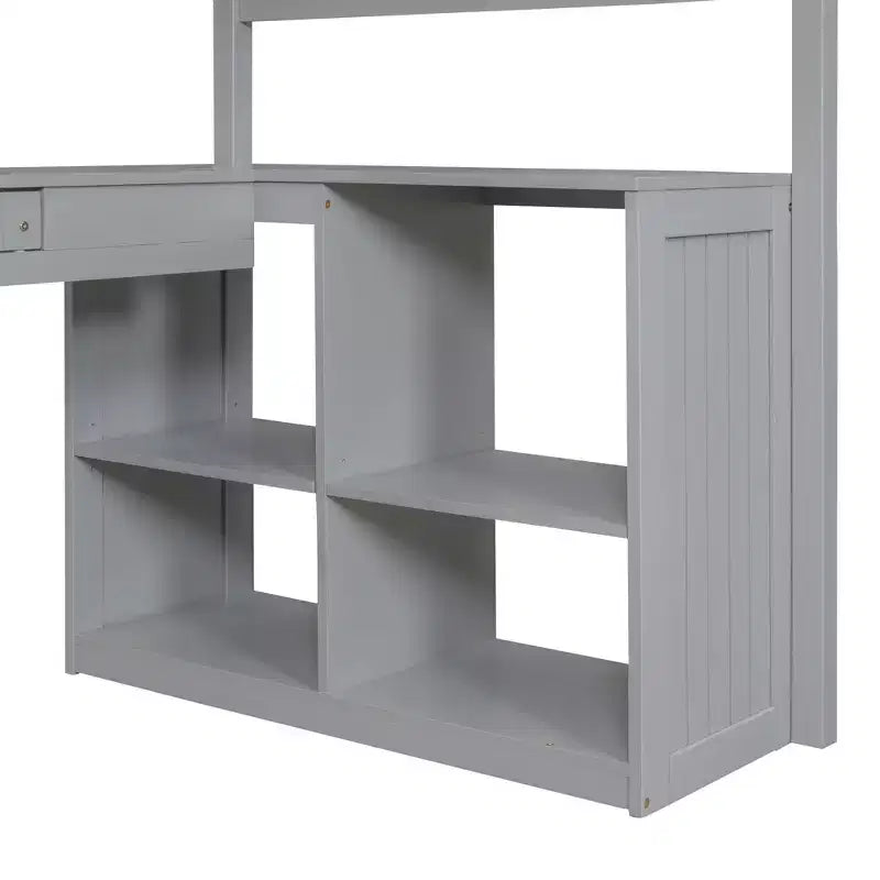 Letto a soppalco singolo grigio/bianco con scrivania, armadietto e mensole