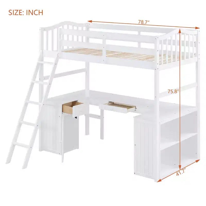 Letto a soppalco singolo grigio/bianco con scrivania, armadietto e mensole
