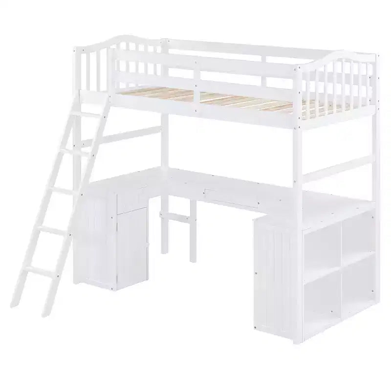 Letto a soppalco singolo grigio/bianco con scrivania, armadietto e mensole