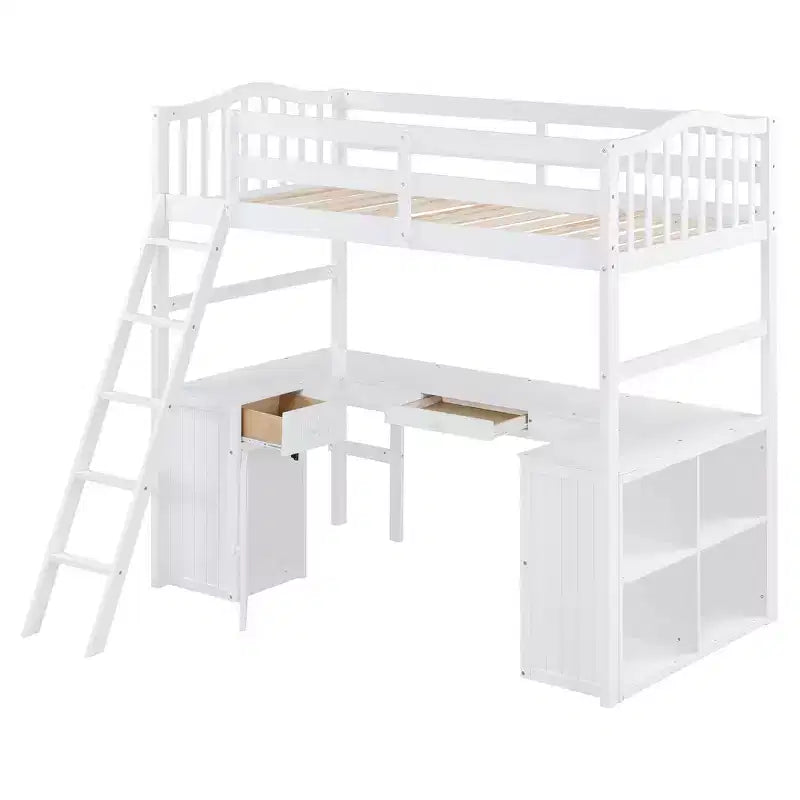 Letto a soppalco singolo grigio/bianco con scrivania, armadietto e mensole