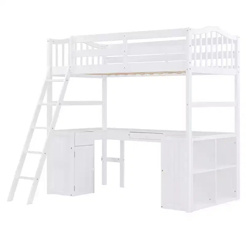 Letto a soppalco singolo grigio/bianco con scrivania, armadietto e mensole
