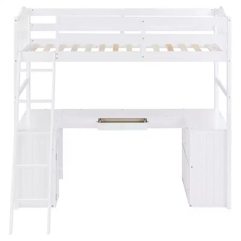 Letto a soppalco singolo grigio/bianco con scrivania, armadietto e mensole