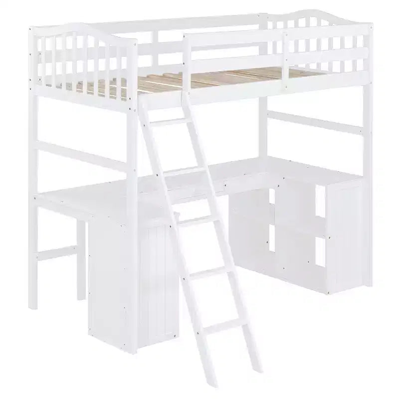 Letto a soppalco singolo grigio/bianco con scrivania, armadietto e mensole