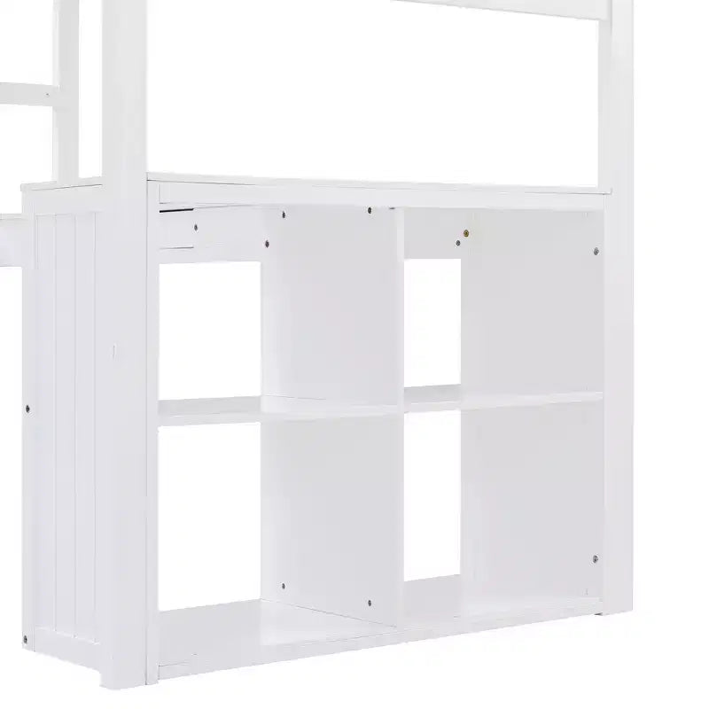 Letto a soppalco singolo grigio/bianco con scrivania, armadietto e mensole