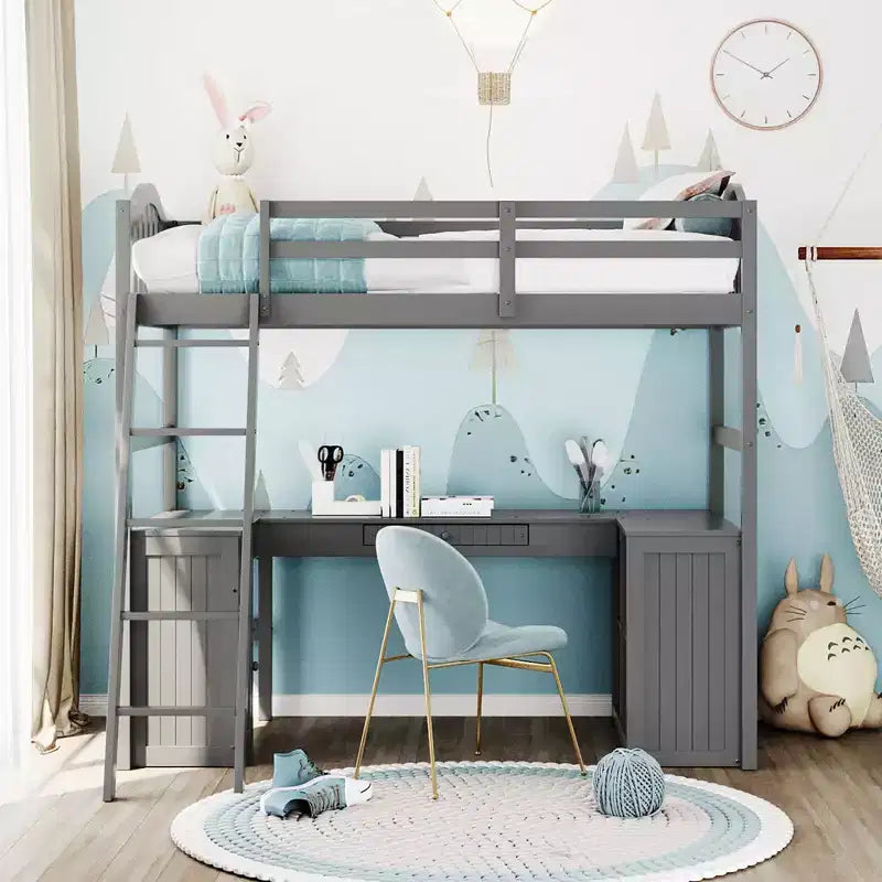 Letto a soppalco singolo grigio/bianco con scrivania, armadietto e mensole