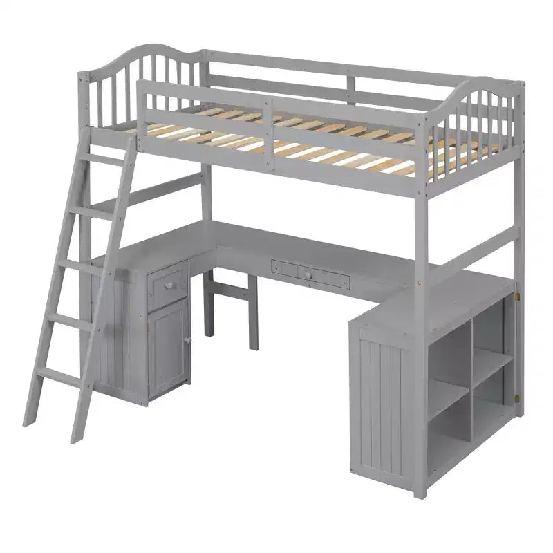 Letto a soppalco singolo grigio/bianco con scrivania, armadietto e mensole