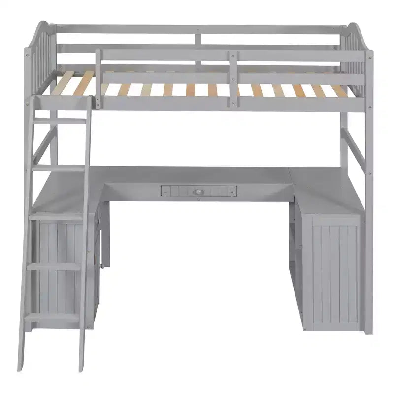 Letto a soppalco singolo grigio/bianco con scrivania, armadietto e mensole