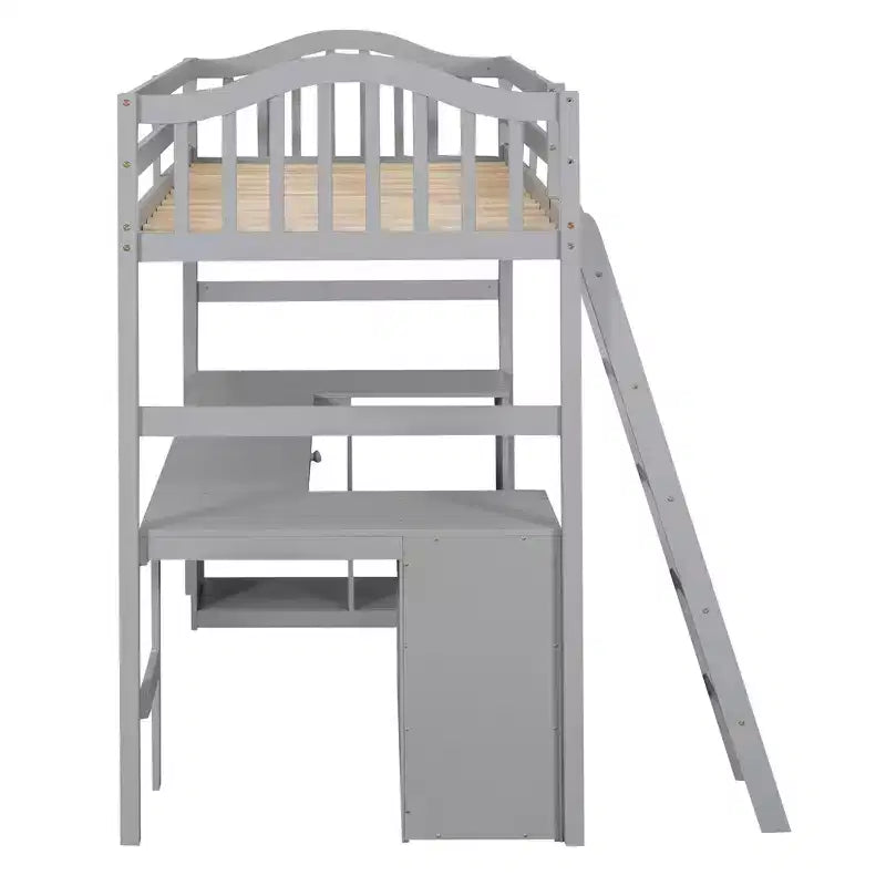 Letto a soppalco singolo grigio/bianco con scrivania, armadietto e mensole
