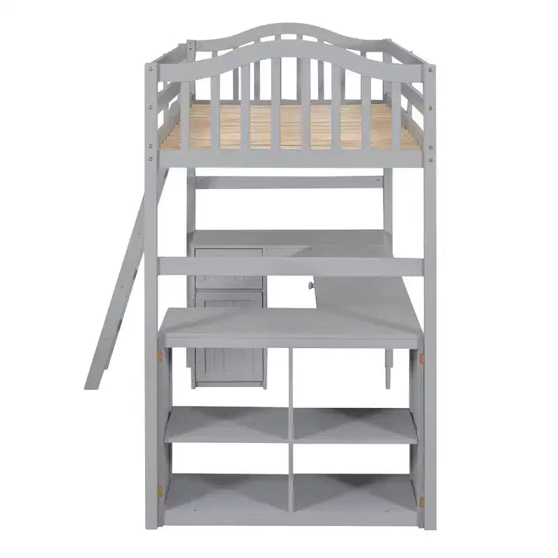 Letto a soppalco singolo grigio/bianco con scrivania, armadietto e mensole