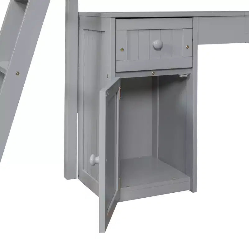 Letto a soppalco singolo grigio/bianco con scrivania, armadietto e mensole