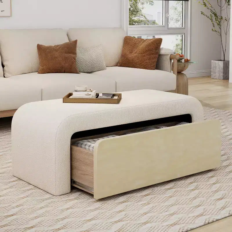 Pouf contenitore moderno imbottito beige Boucle con cassetto, 1 posto a sedere