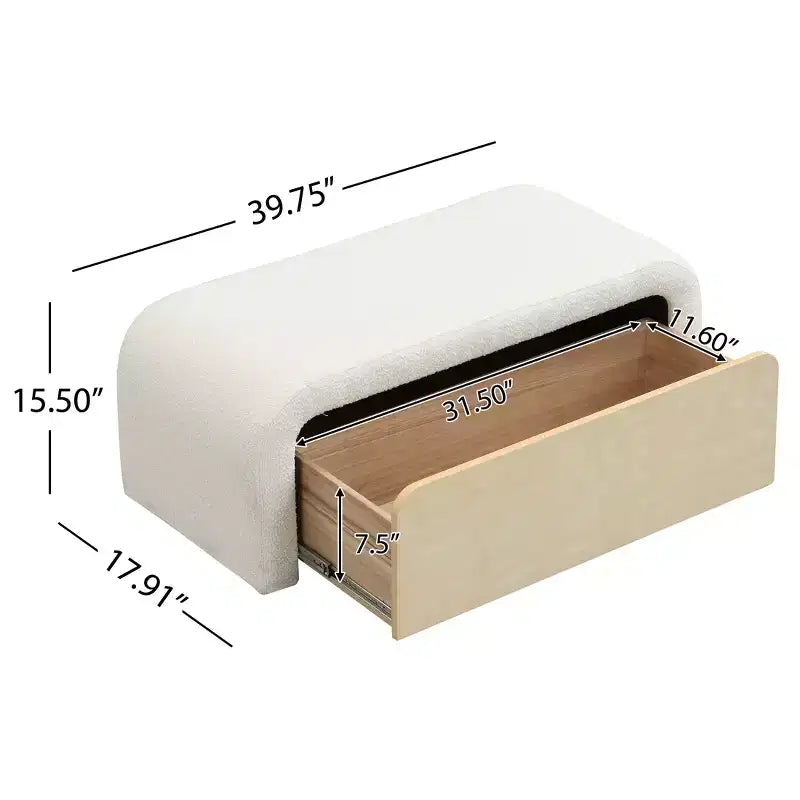 Pouf contenitore moderno imbottito beige Boucle con cassetto, 1 posto a sedere